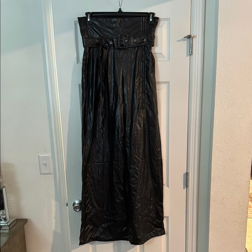 Black High-Waisted Women's Wide Leg Faux Leather Pants